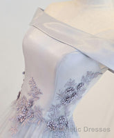 Gray A Line Off Shoulder Floor Length Evening Prom Dresses, Lace Evening Prom Dresses